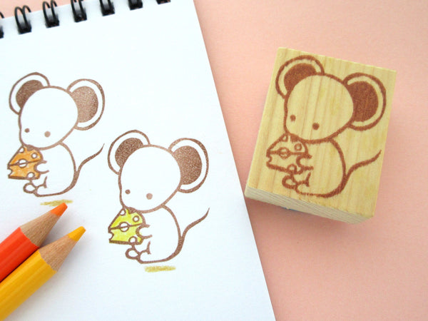 Mouse rubber stamp, Cute mouse, Japanese stationery, Mouse with cheese, Japanese rubber stamps