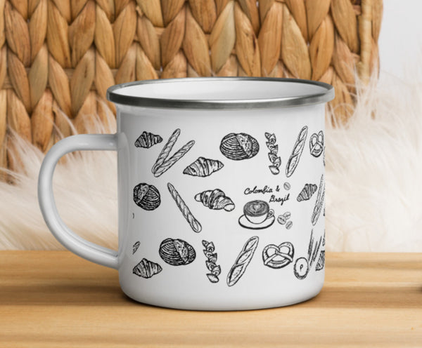 Bread lover mug, Camping enamel mug, Retro design, Bakery shop, Cafe mug gift idea