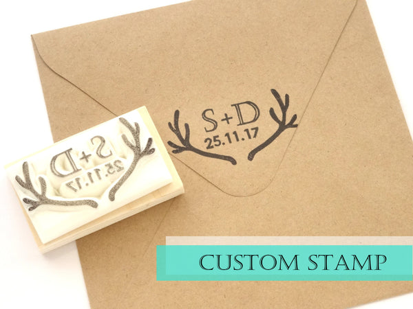 Antler wedding stamp (Initials with special date), Personalized stamps wedding, Japanese rubber stamp