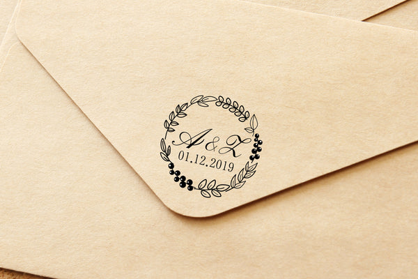 Botanical wreath wedding invitation stamp, Personalized stamp wedding