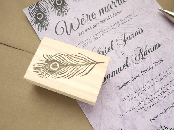 Peacock feather invitation stamp, Wedding rubber stamp, Wedding decoration stamp