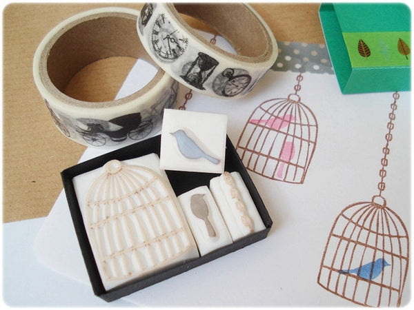 Antique birdcage rubber stamps set, Japanese rubber stamps